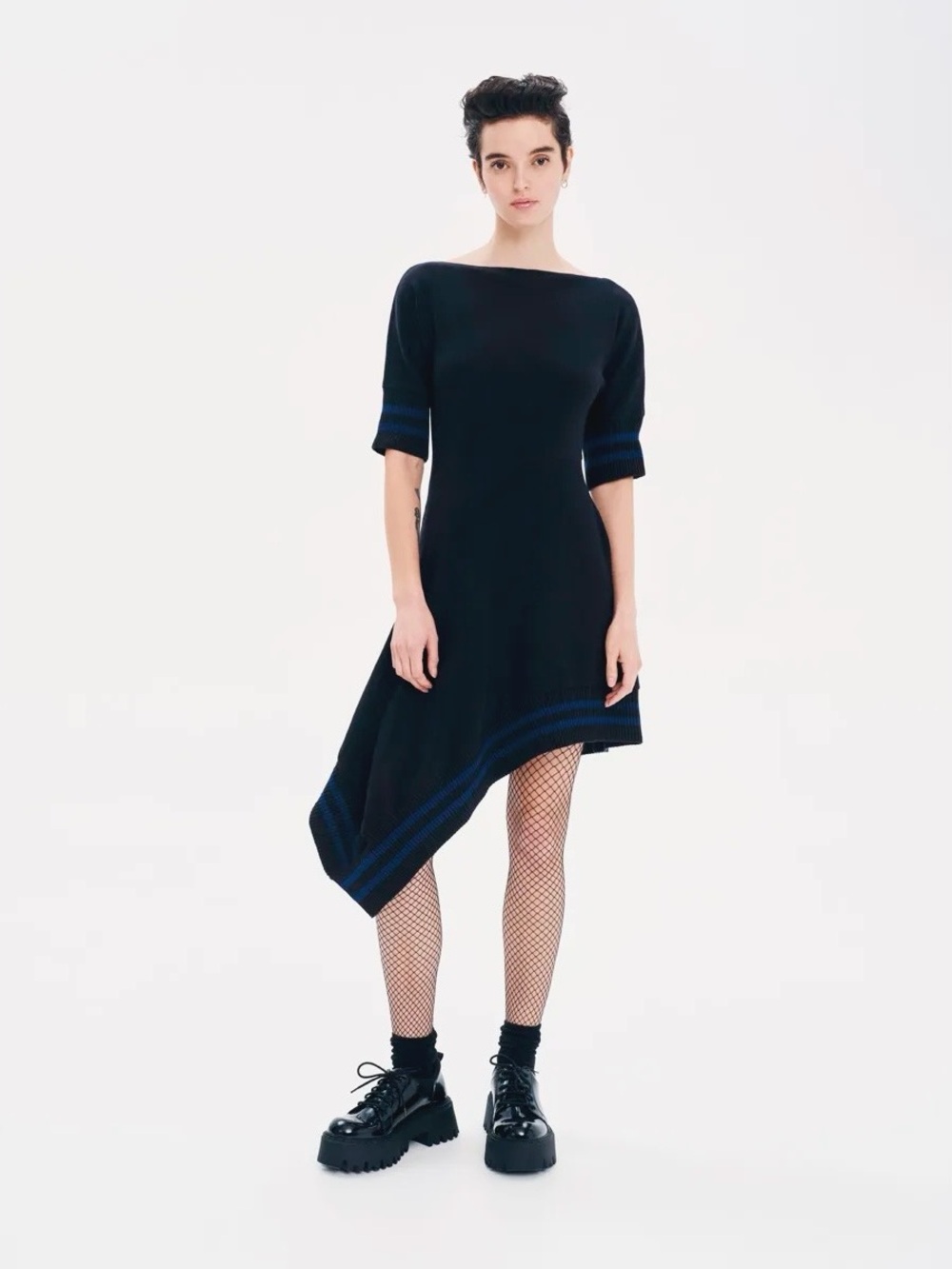 Kourbela Intricately Crafted Asymmetrical Midi Dress Black/Blue Stripe Size S